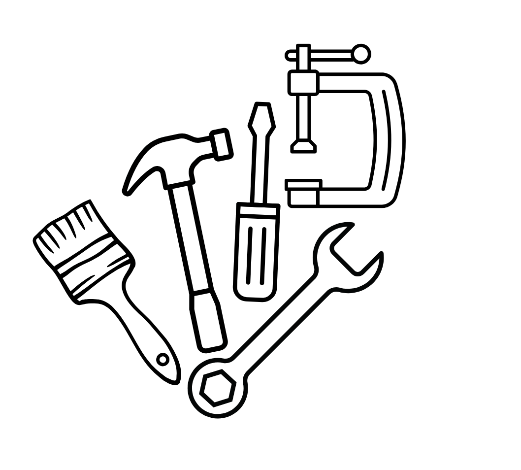 Illustration of a couple of tools: paint brush, hammer, wrench, clamp, screwdriver